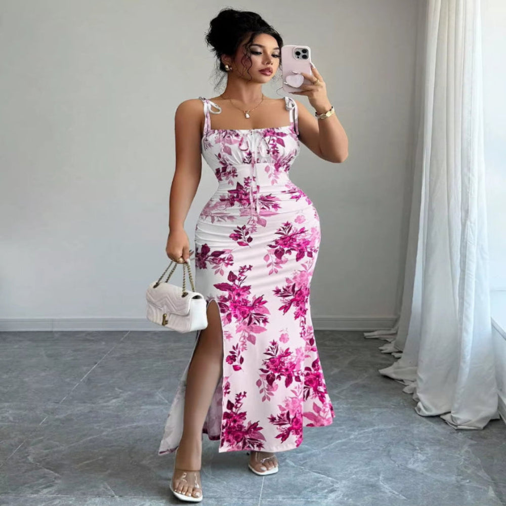 Women New Floral Printed Long Dresses Summer Fashion Suspender Long Skirt Slim Sexy Side Split Dress Ladies Party Dress Vestido