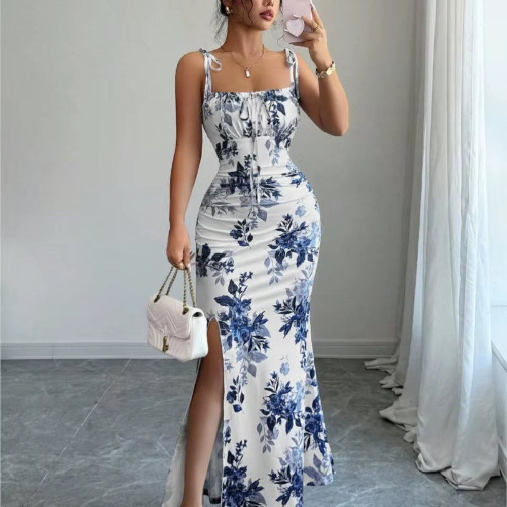 Women New Floral Printed Long Dresses Summer Fashion Suspender Long Skirt Slim Sexy Side Split Dress Ladies Party Dress Vestido