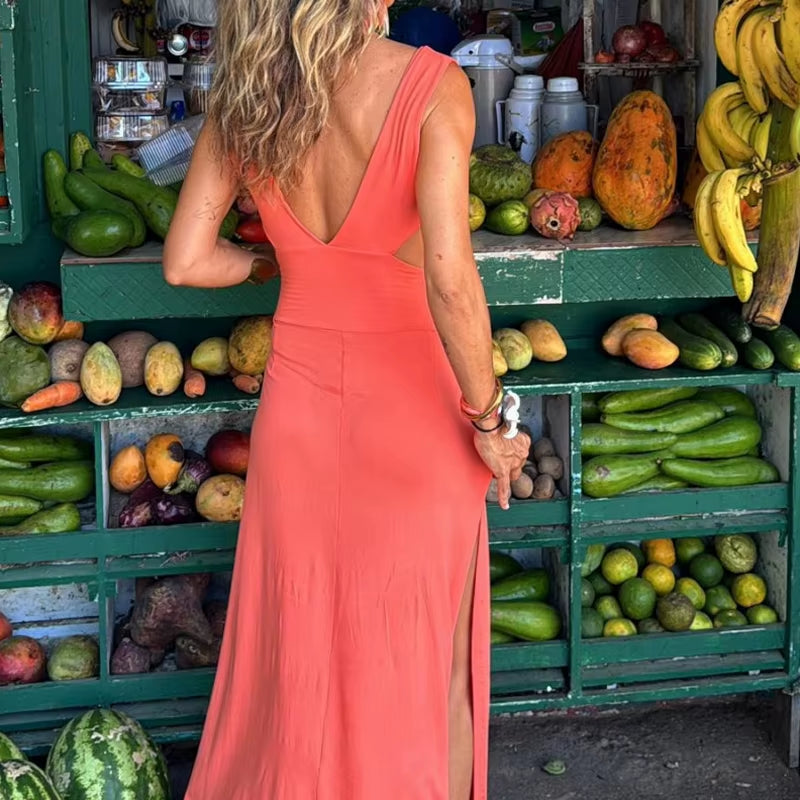 V-Neck off Waist Sexy Split Slim Dress