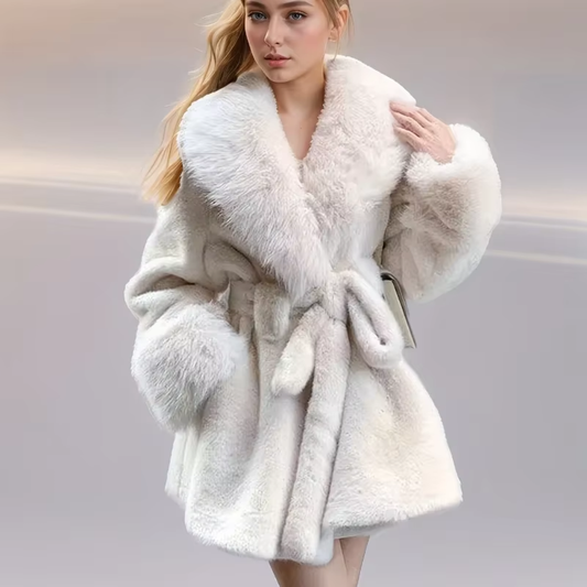 Chic V-Neck Lace-Up Fur Coat