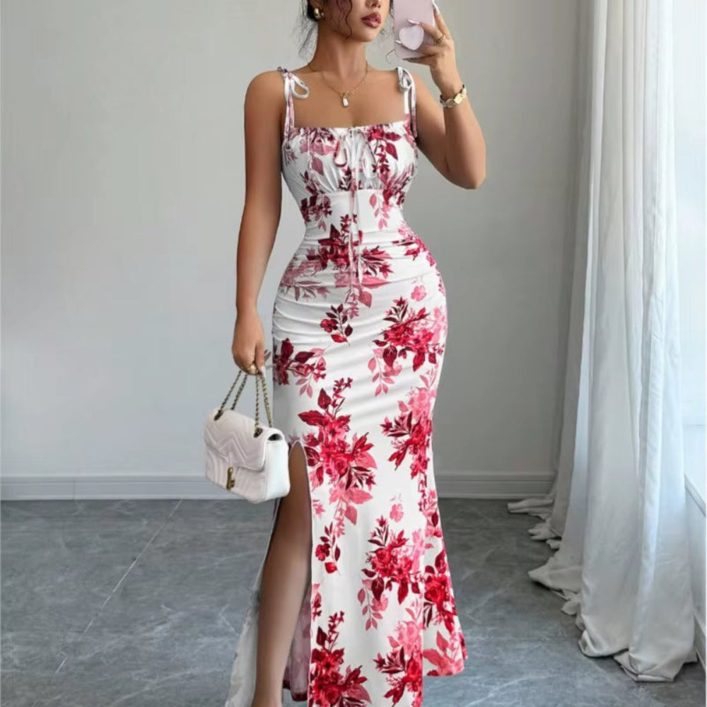 Women New Floral Printed Long Dresses Summer Fashion Suspender Long Skirt Slim Sexy Side Split Dress Ladies Party Dress Vestido