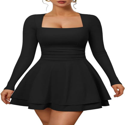 Women’S Sexy Long Sleeve Square Neck Flowy Hem Ruched High Waist Party Mini Dress with Side Pocket