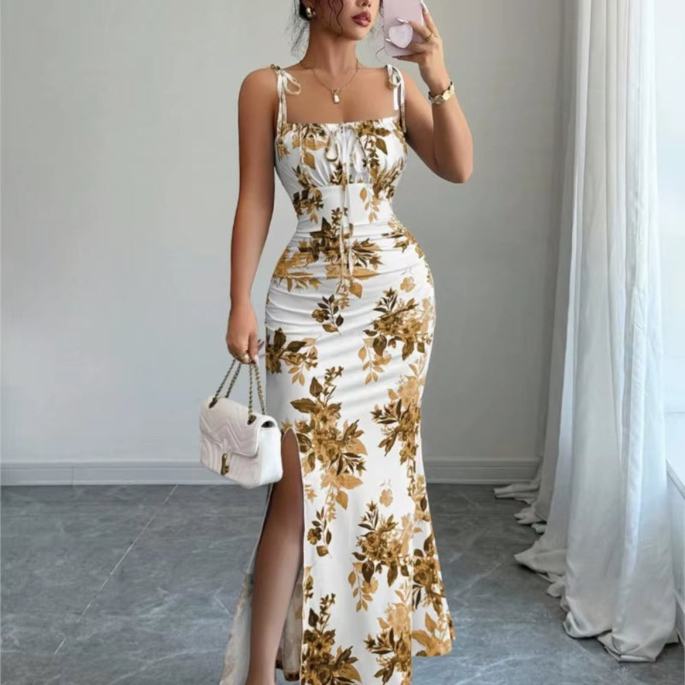 Women New Floral Printed Long Dresses Summer Fashion Suspender Long Skirt Slim Sexy Side Split Dress Ladies Party Dress Vestido