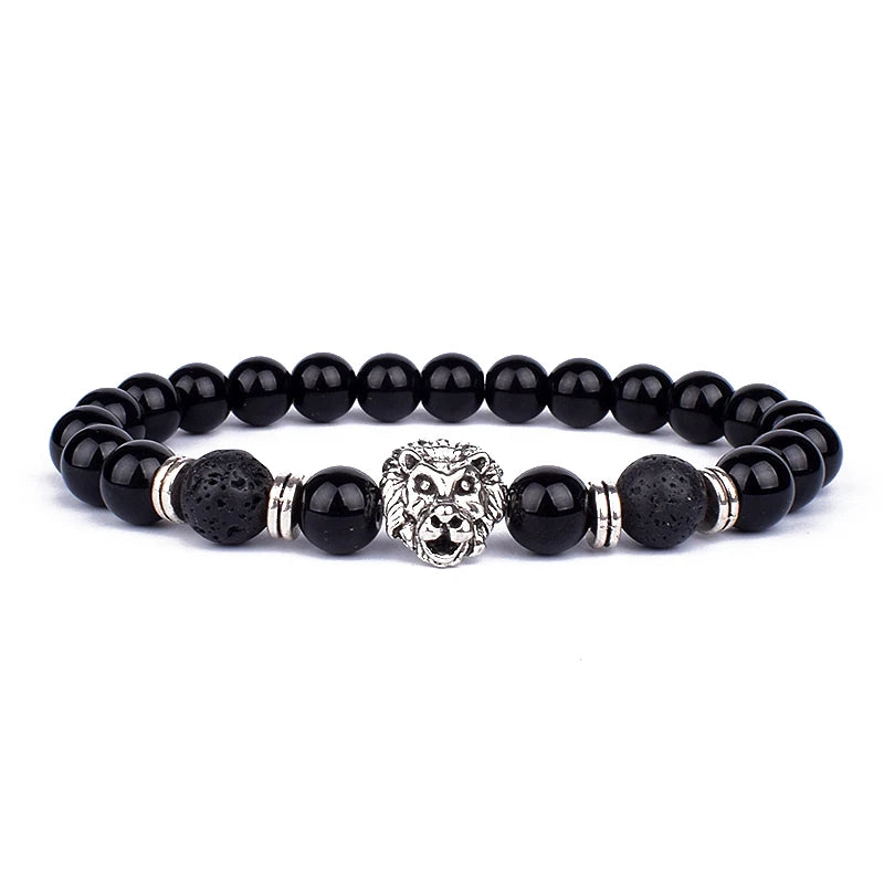 Fashion Obsidian Lion Head Charm Bracelets Men Lava Stone Zircon Prism Bracelets & Bangles for Women New Friendship Jewelry Gift